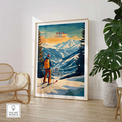 Vail Ski Poster - Colorado showcased in a modern living room with ski decor and mountain views.