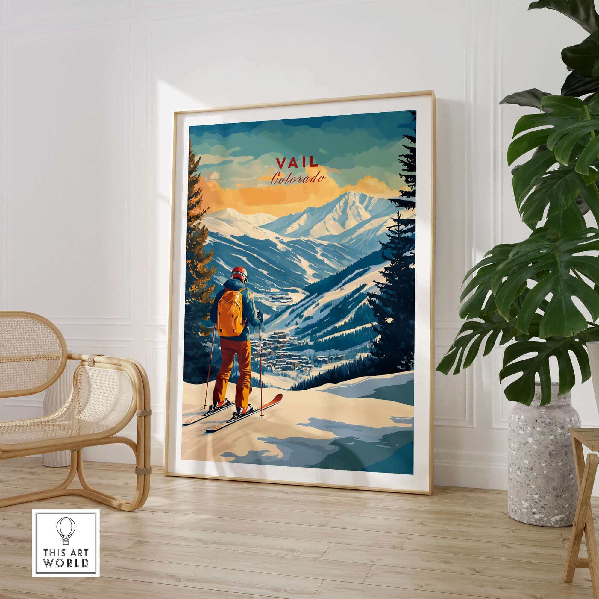 Vail Ski Poster - Colorado showcased in a modern living room with ski decor and mountain views.