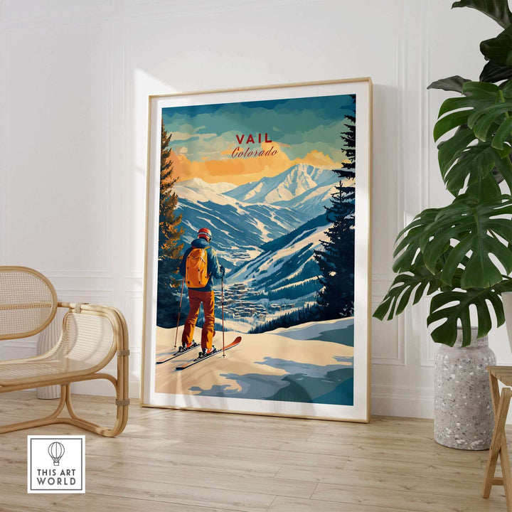 Vail Ski Poster featuring a skier overlooking snowy mountains in Vail, Colorado, displayed in a modern living room setting.