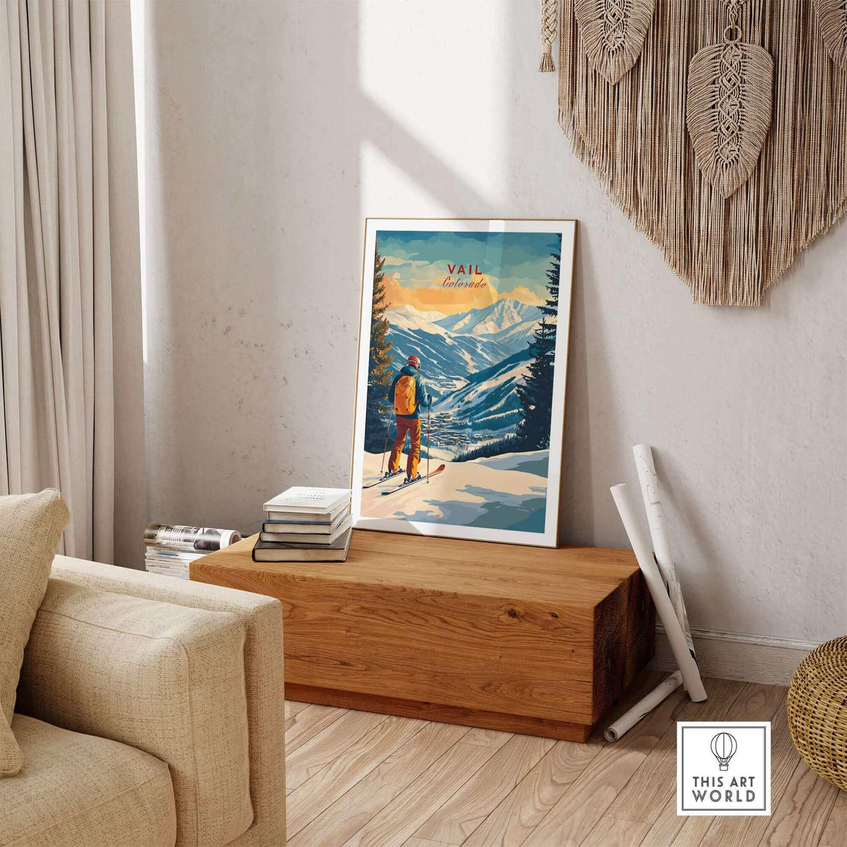 Vail Ski Poster - Colorado displayed in a cozy living room with beautiful mountain scenery.
