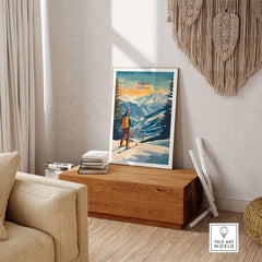 Vail Ski Poster - Colorado displayed in a cozy living room with beautiful mountain scenery.