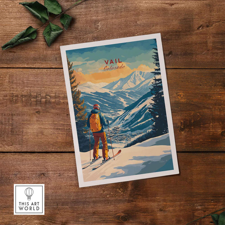 Vail Ski Poster - Colorado, featuring a skier overlooking snowy mountains, perfect for ski enthusiasts and winter decor lovers.