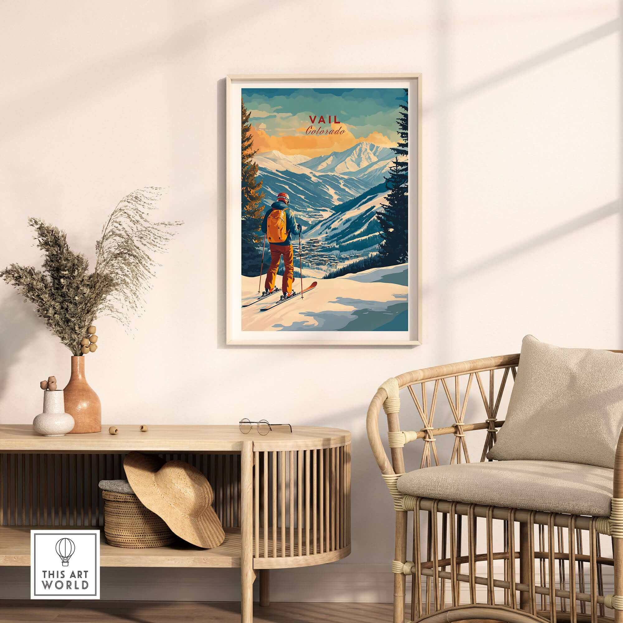 Vail Ski Poster - Colorado displayed in a stylish living room, showcasing stunning mountain scenery.