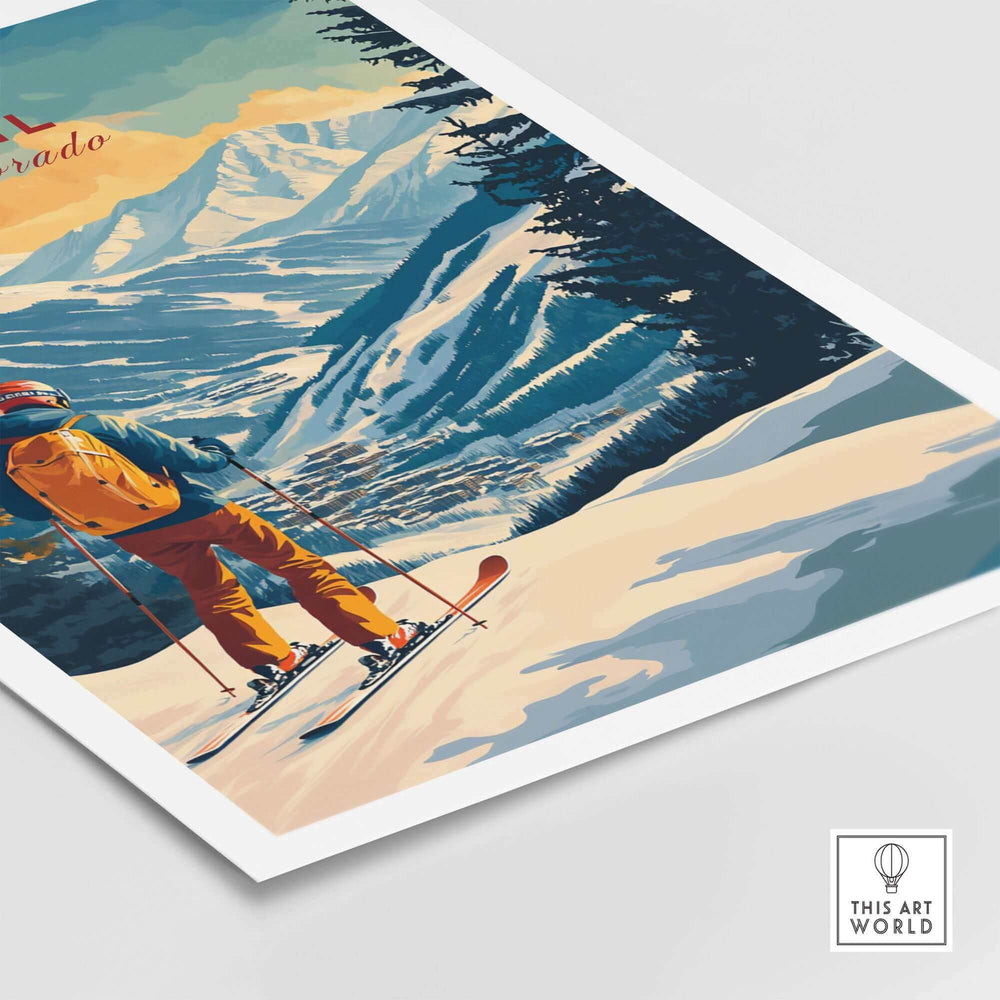 Vintage Vail Ski Poster featuring a skier descending a snowy Colorado mountain slope with scenic views.