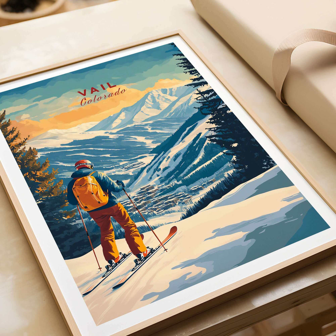 Vintage Vail Colorado ski poster featuring a skier overlooking snowy mountains, ideal wall art for ski enthusiasts and mountain lovers.