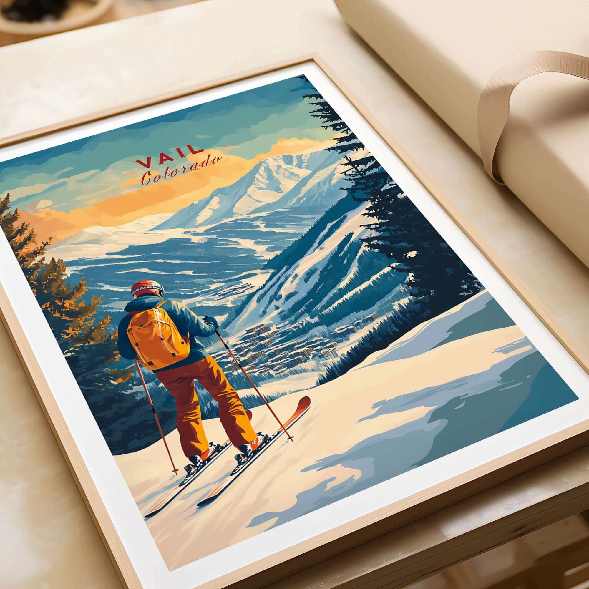 Vail Ski Poster - Colorado showcasing a skier on the slopes of Vail, with mountains in the background.