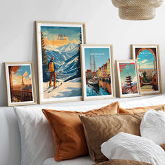 Vail Ski Poster - Colorado displayed among other travel posters in a cozy home setting.