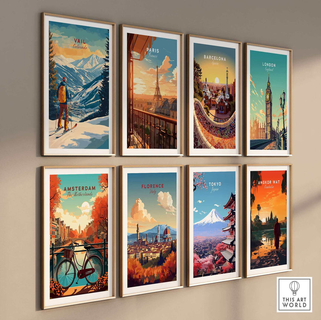 Wall display of travel posters featuring cities like Vail, Paris, Barcelona, London, Amsterdam, Florence, Tokyo, and Angkor Wat.