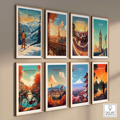 Vail Ski Poster - Colorado and other city travel posters displayed on a wall, showcasing beautiful landscapes.