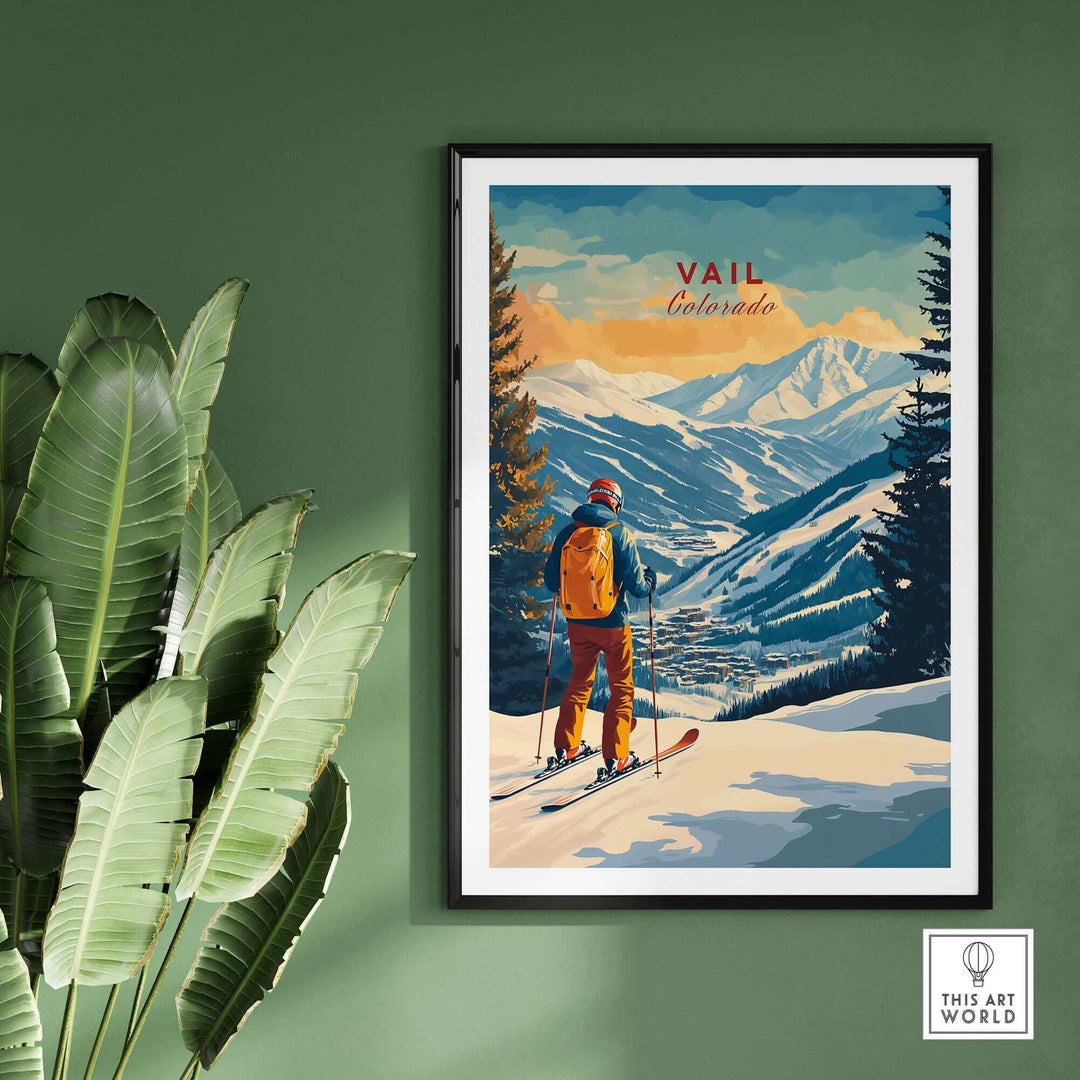 Vintage Vail Colorado ski poster featuring a skier overlooking snowy mountains, framed and displayed with green plants.