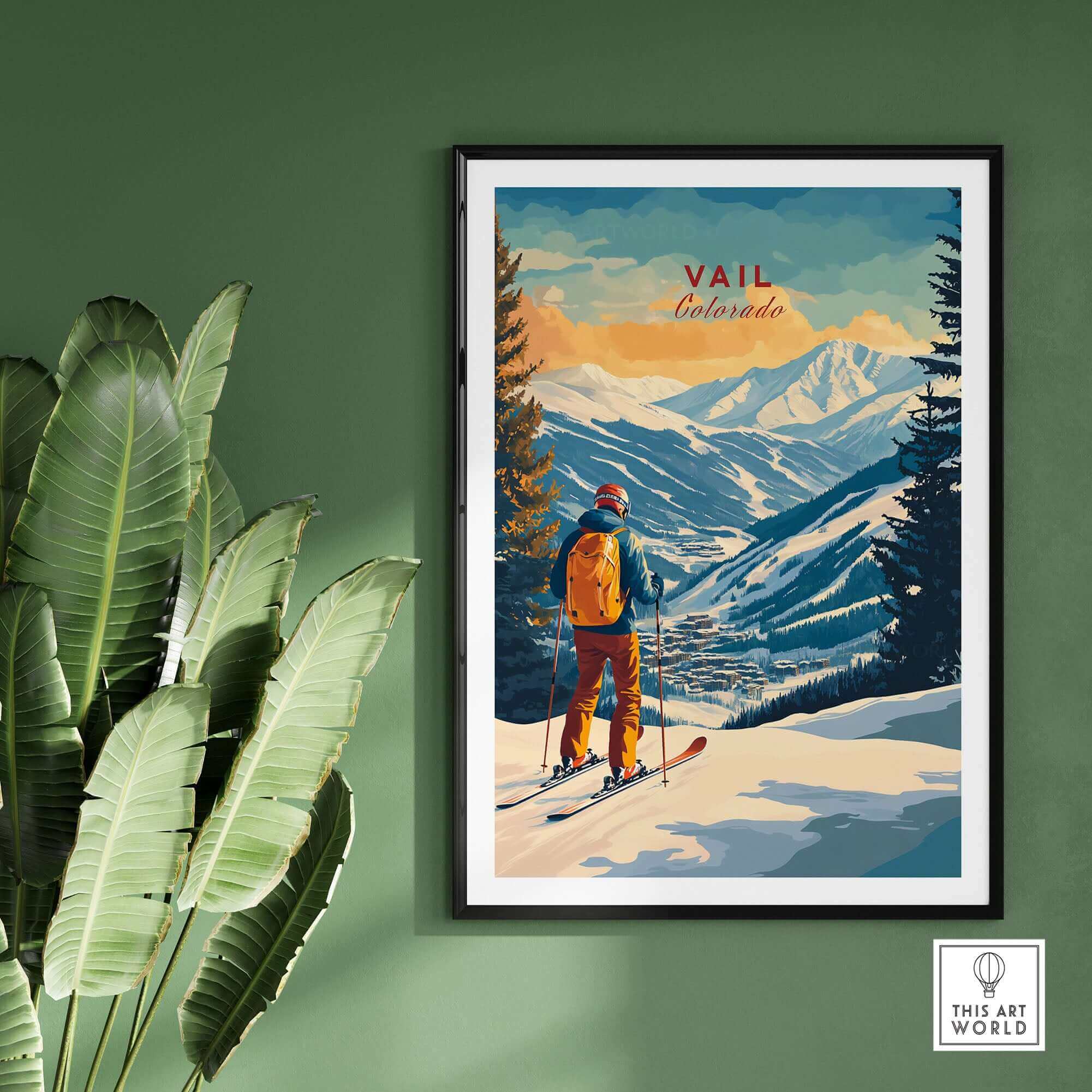Vail Ski Poster - Colorado showcasing a skier in the beautiful Vail mountains, perfect ski wall art for enthusiasts.