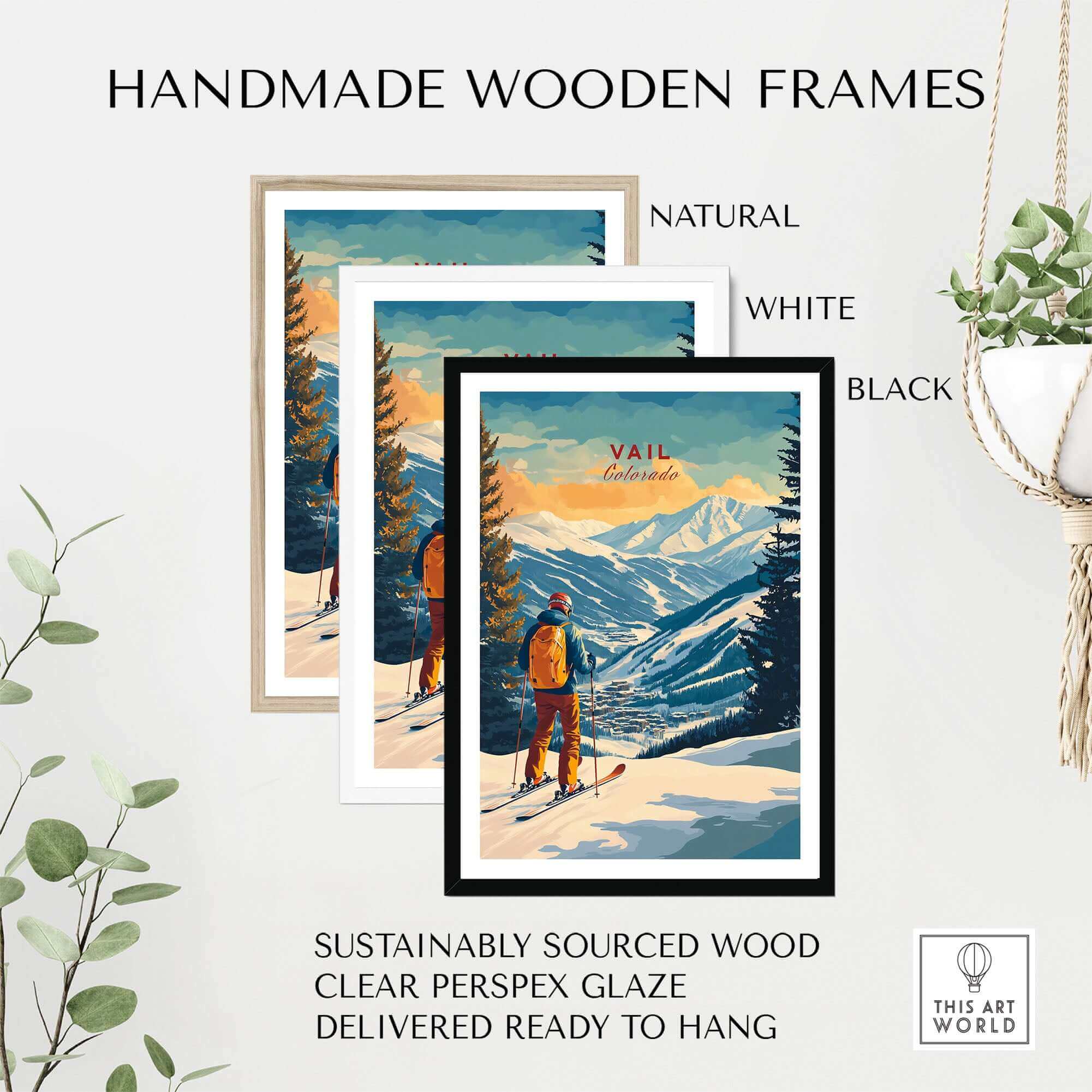 Vail Ski Poster - Colorado displayed in handmade wooden frames including natural, white, and black options.