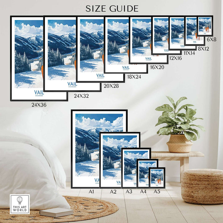 Size guide for Vail Ski Wall Art prints, displaying various frame sizes against a stylish interior setting.