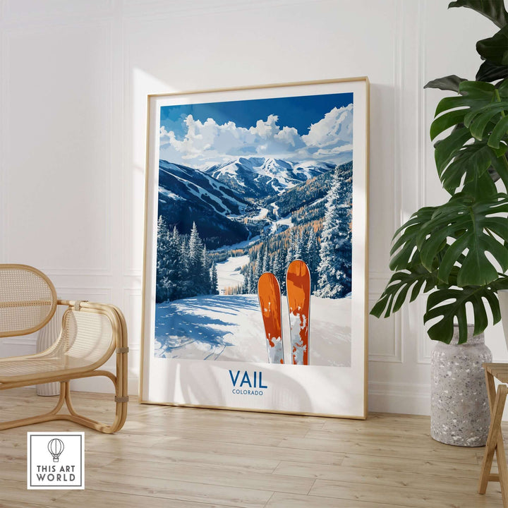 Vail Ski Print showcasing vibrant Colorado slopes and ski equipment, ideal for ski-themed home decor.