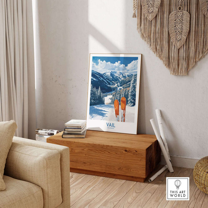 Vail Ski Print showcasing Colorado's slopes, bright colors, and adventurous decor in a cozy living room setting.