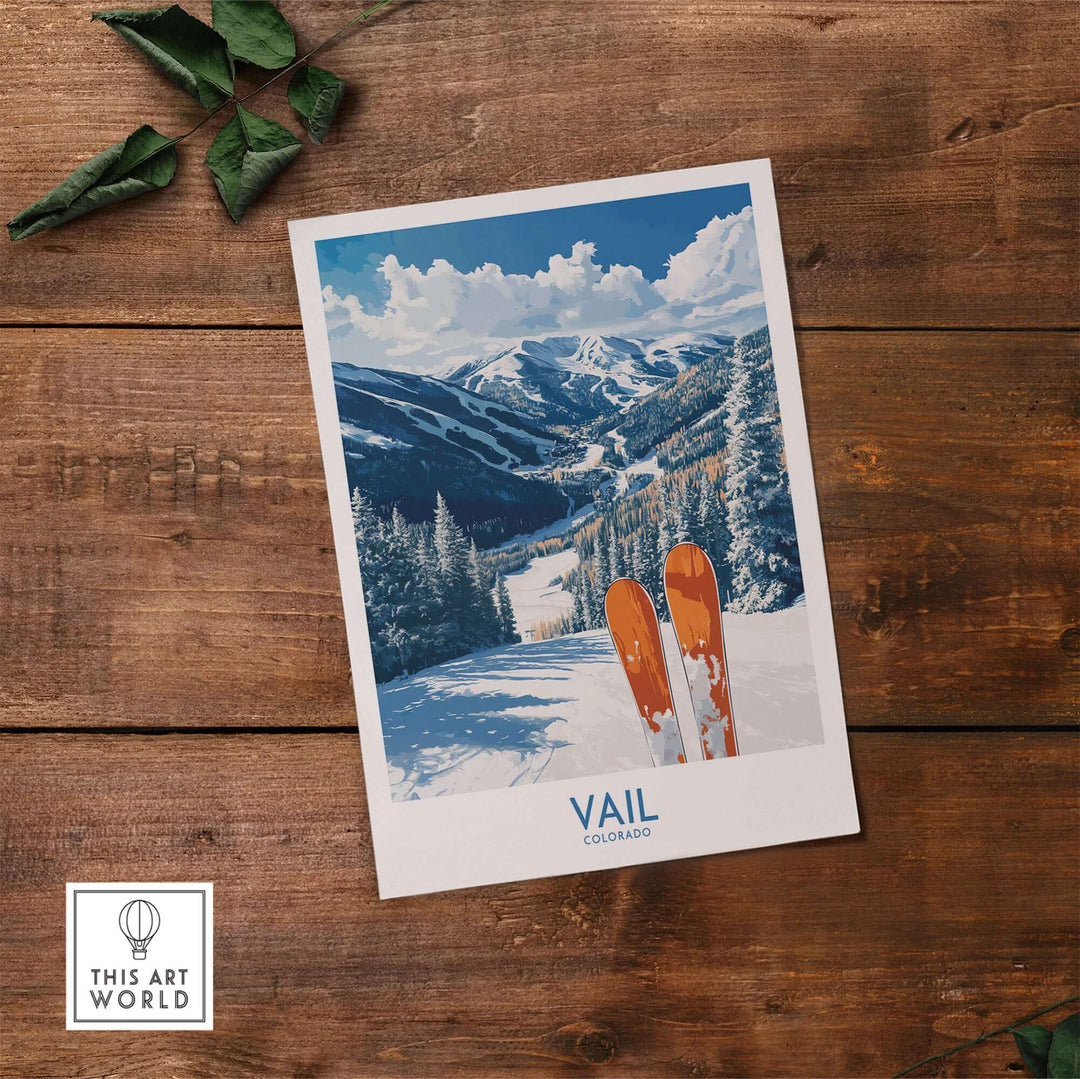 Vail Ski Print showcasing snowy Colorado mountains and vintage skis, perfect for adding adventure to home decor.