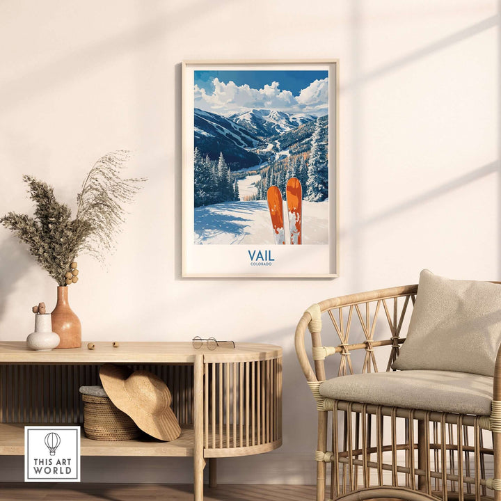 Vail Ski Print showcasing vibrant colors and mountainous scenery, perfect for adding adventure to your home decor.