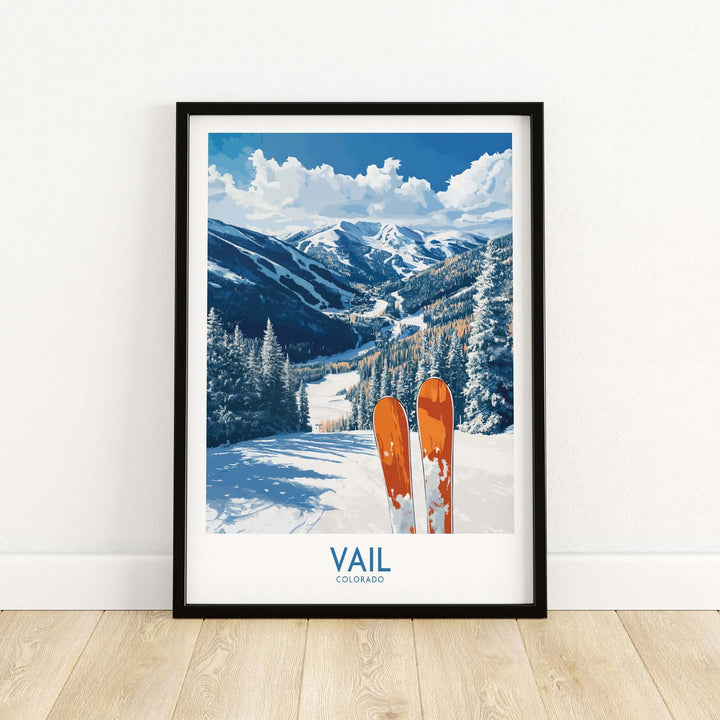 Vail Ski Print showcasing vibrant skis and stunning Colorado mountain scenery, perfect for ski wall art enthusiasts.