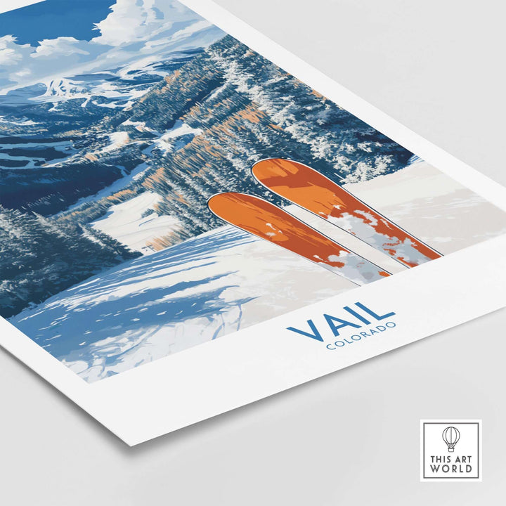 Vail Ski Print showcasing snow-covered slopes and orange skis, capturing Colorado's winter beauty and adventure.