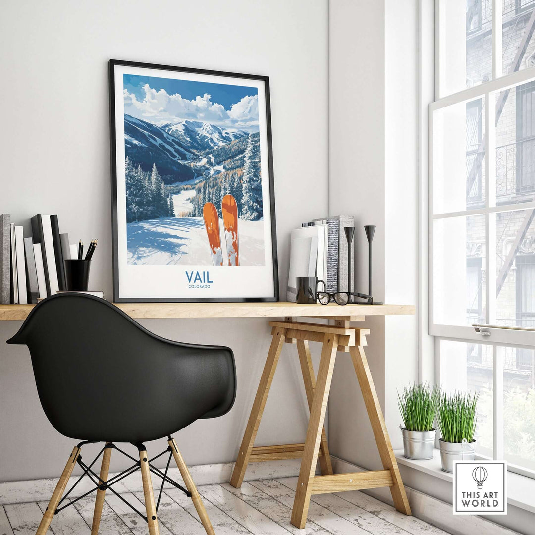 Vail Ski Print displayed in a modern home office, showcasing vibrant colors and ski-themed decor. Perfect wall art for ski lovers.