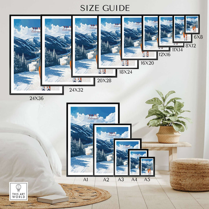 Size guide for Vail Travel Poster featuring various frame sizes and a scenic mountain view in a cozy home setting.