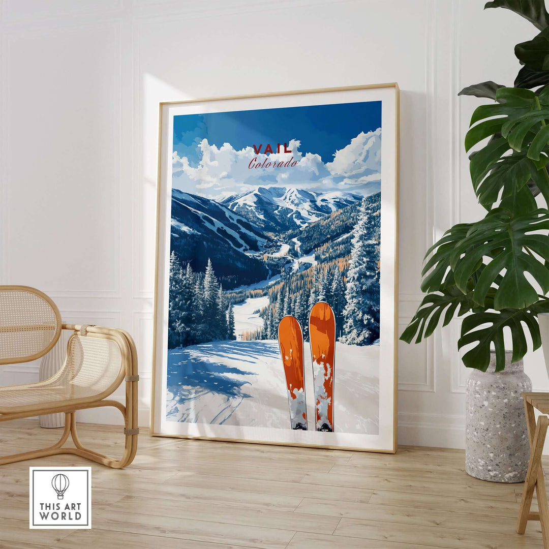 Vail Travel Poster featuring snowy Rocky Mountains and skis, perfect for home or office decor and adventure inspiration.