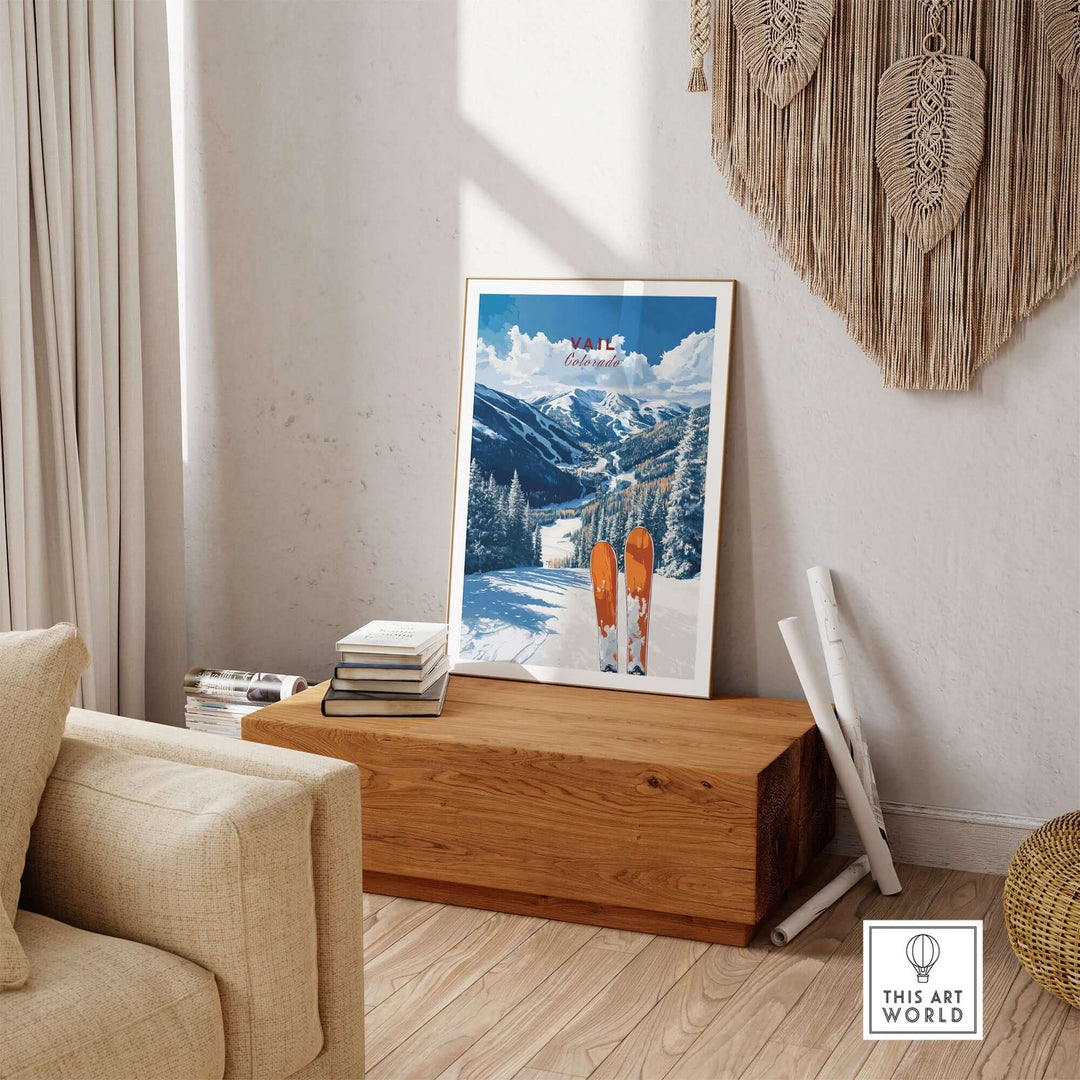 Vail travel poster showcasing stunning mountain views and ski equipment in a cozy living space. Perfect for home decor.