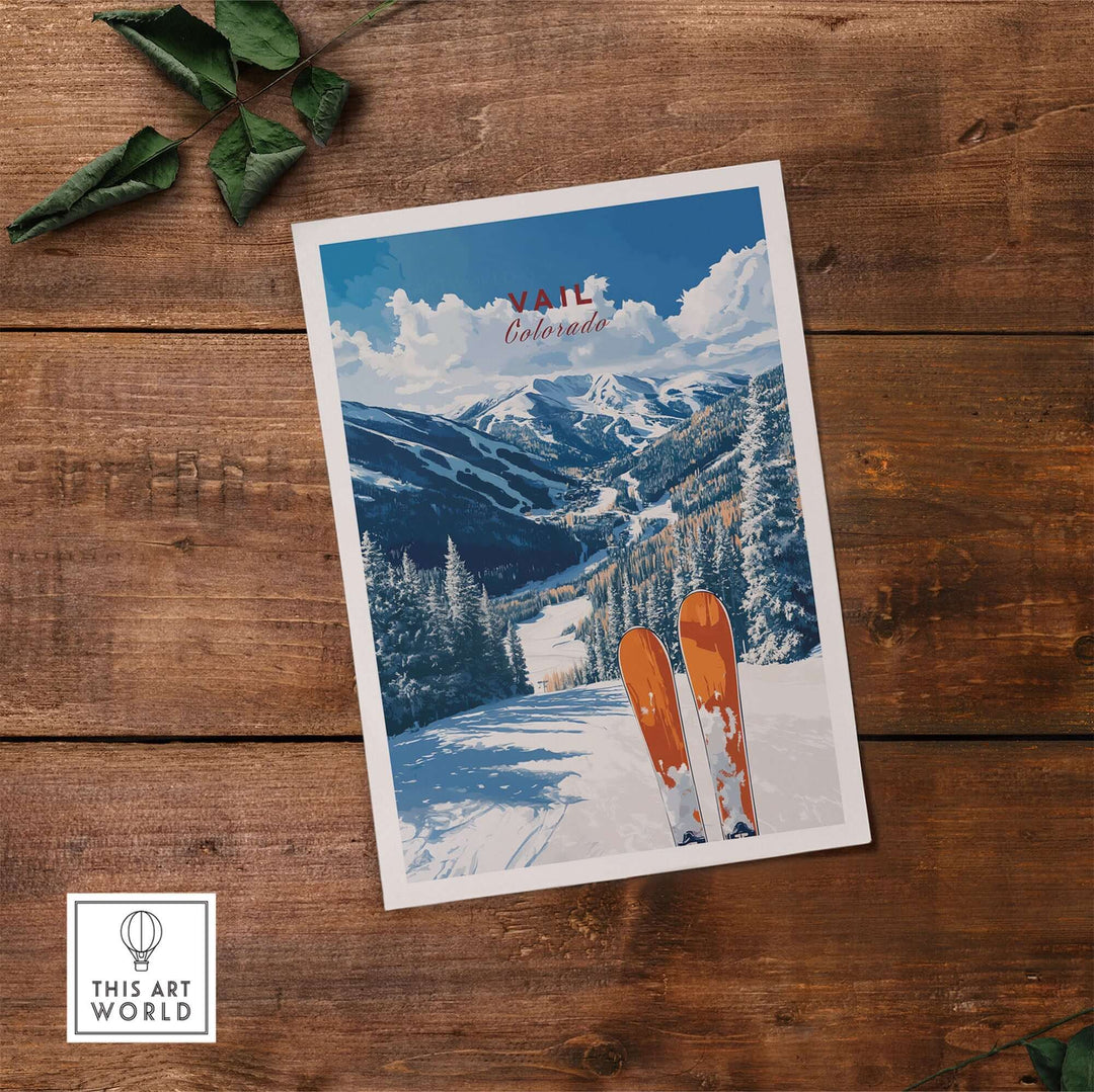 Vail travel poster showcasing snowy mountains and ski gear, perfect for mountain adventure decor in home or office.