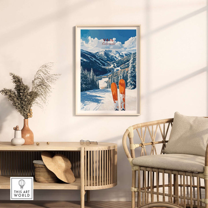 Vail Colorado travel poster featuring snowy mountains and skis, perfect for home decor and ski enthusiasts.