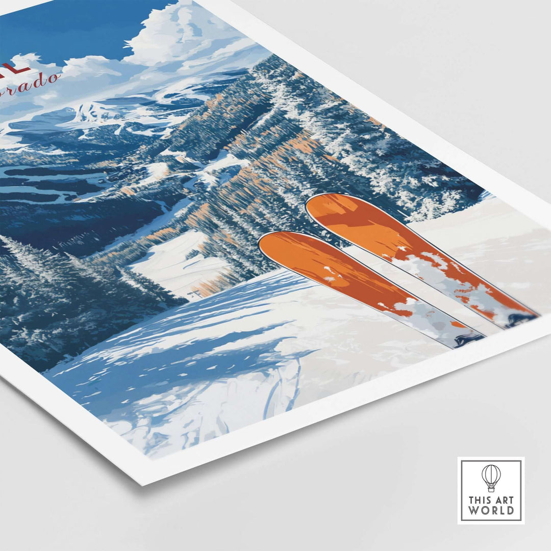 Vail travel poster featuring snowy mountains and orange ski tips, showcasing Colorado's breathtaking scenery.