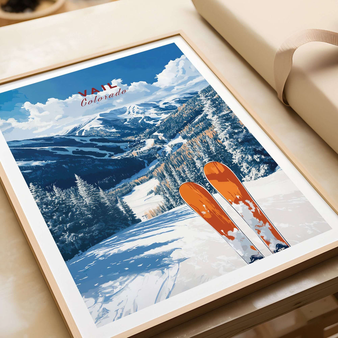 Vail Colorado travel poster showcasing beautiful mountain views and skis, perfect for ski wall art decor.