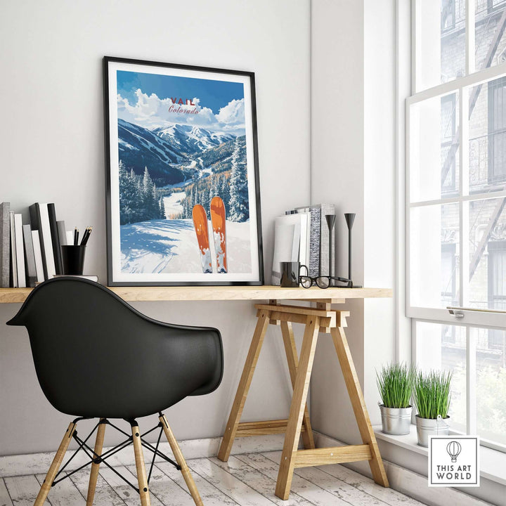 Vail Travel Poster showcased in a stylish office setting, featuring snowy mountains and skis, perfect for mountain adventure inspiration.