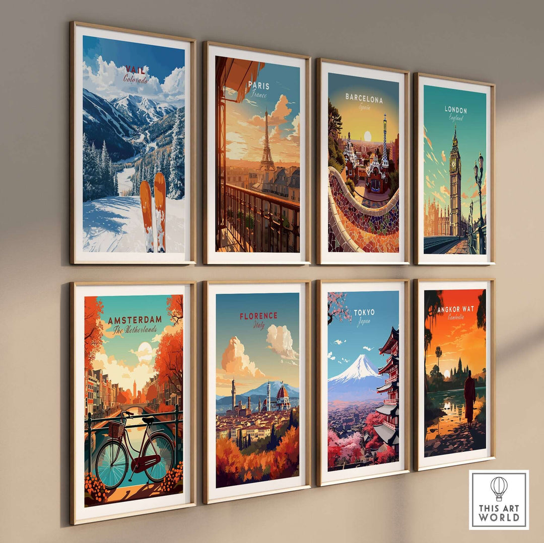 Collection of vibrant travel posters featuring iconic cities like Paris, Tokyo, and Amsterdam, showcased in a stylish gallery wall.