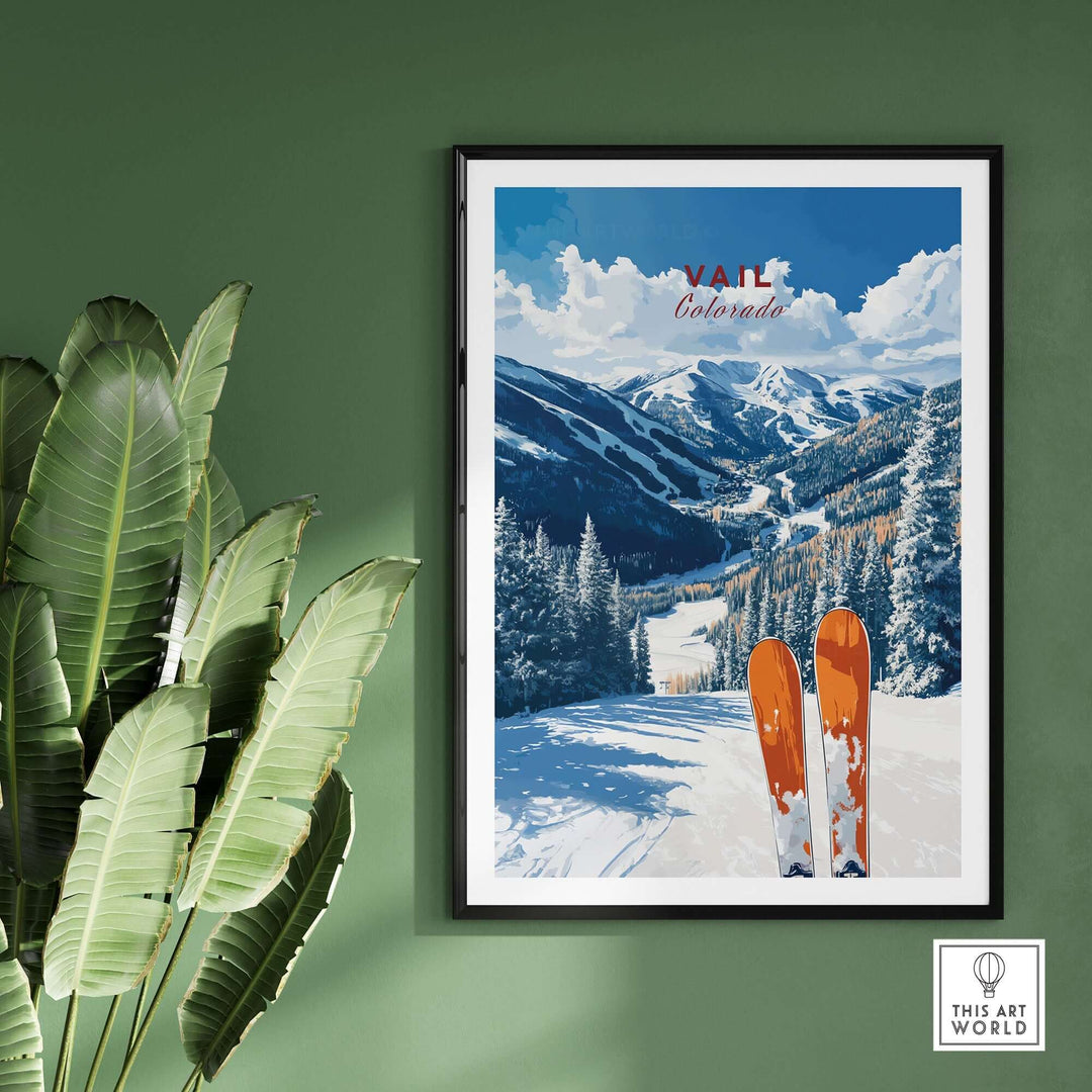 Vail Colorado travel poster featuring skis and snowy mountain landscape, perfect for home or office decor.