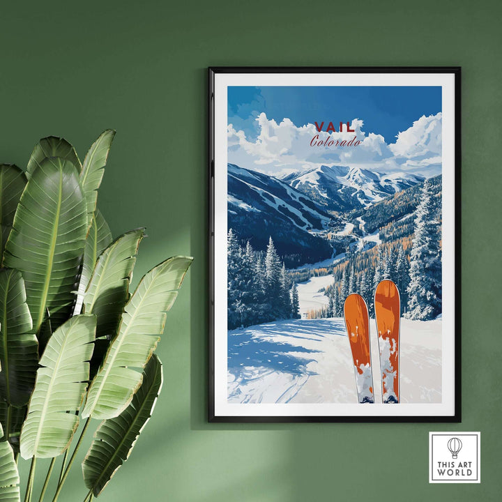 Vail Colorado travel poster featuring skis and snowy mountain landscape, perfect for home or office decor.