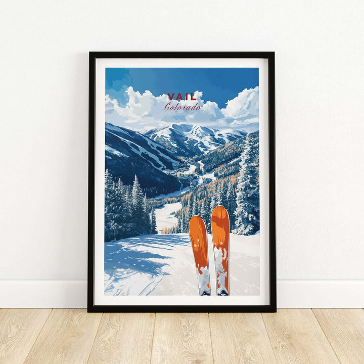 Vail travel poster showcasing stunning mountain views and ski gear, perfect for home or office decor in Colorado.