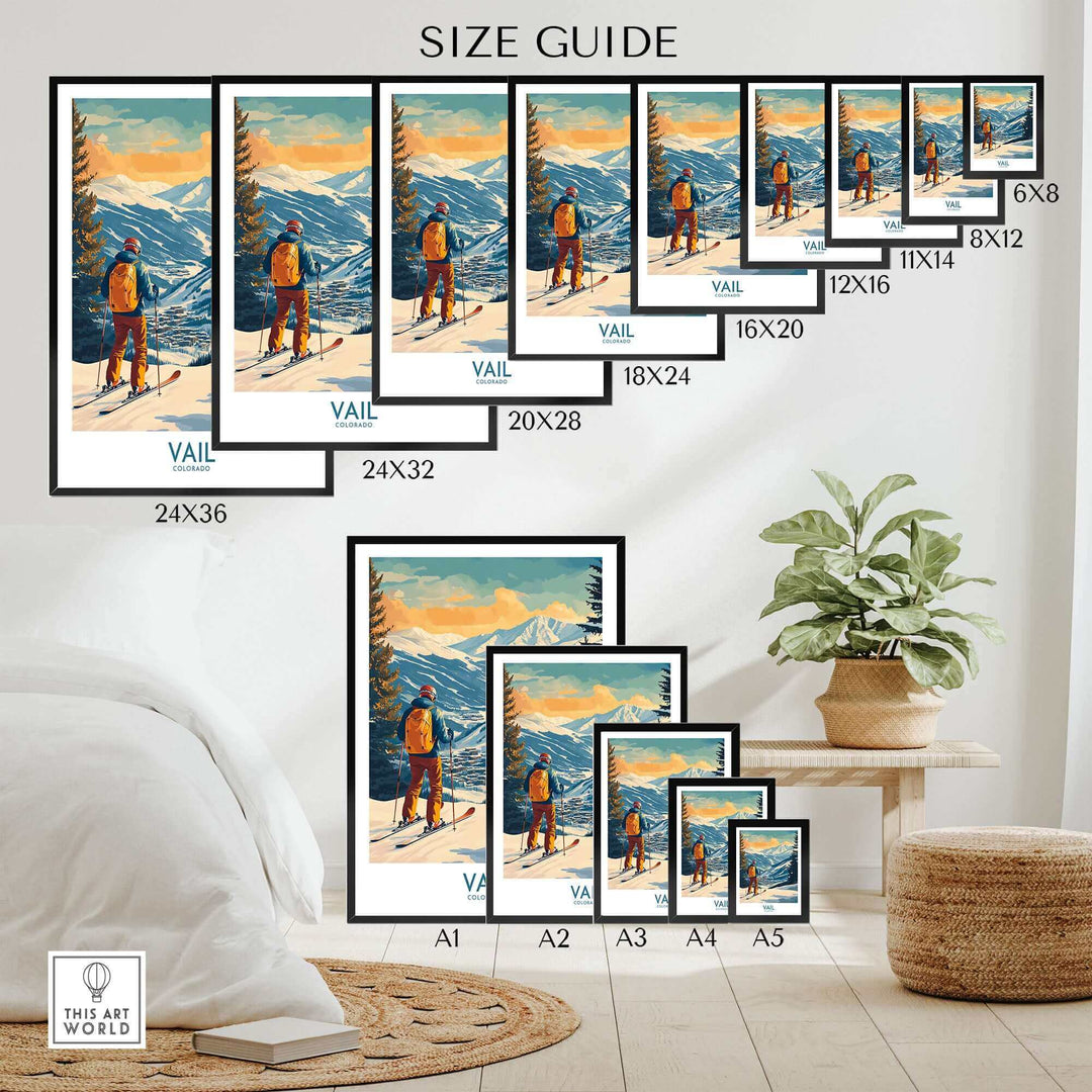 Various sizes of Vail Wall Art poster featuring a skier on snowy Colorado mountains, displayed in a cozy room setting.