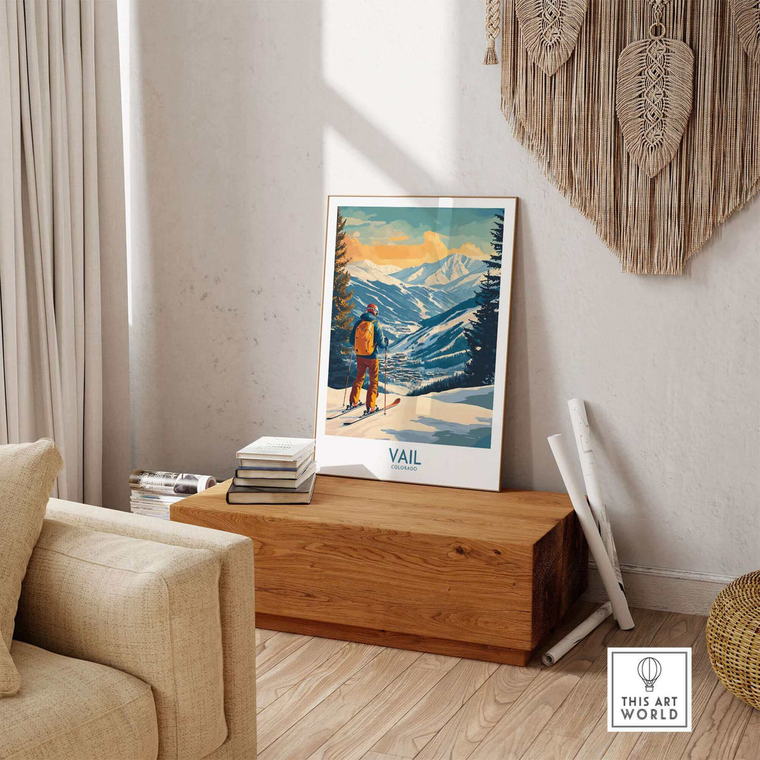 Vail Wall Art - Colorado Ski Poster featuring a skier in a snowy mountain scene, styled in a cozy living room setting.