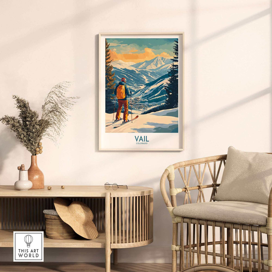 Vail ski wall art poster displayed in a cozy room setting, showcasing a skier on a snowy Colorado mountain landscape.