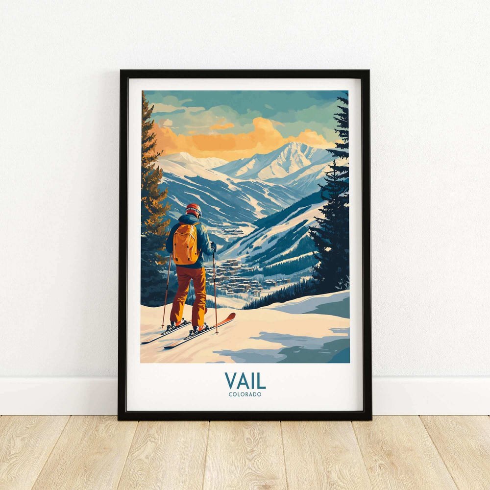 Vintage Vail ski poster featuring a skier overlooking Colorado mountains, perfect for winter sports enthusiasts and wall art lovers.