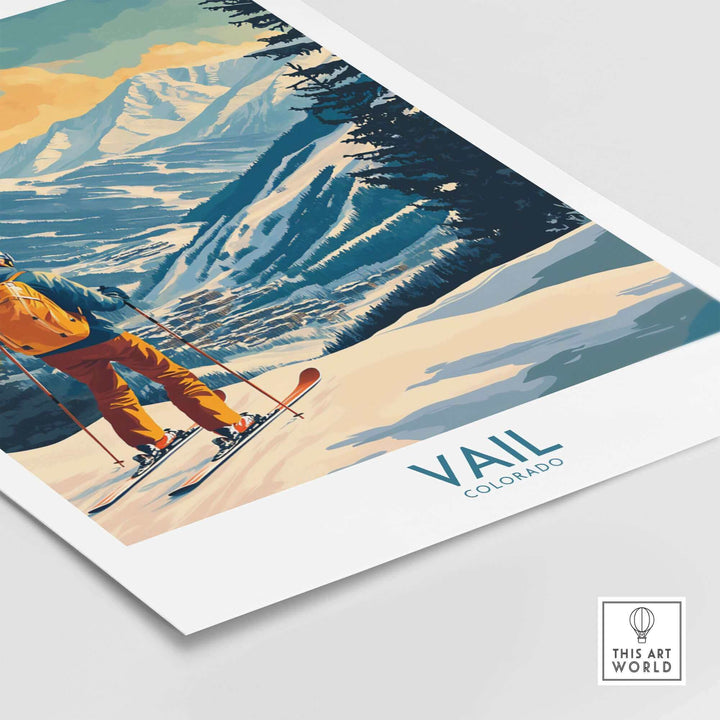 Vintage-style Vail wall art featuring a skier against a scenic Colorado mountain backdrop.