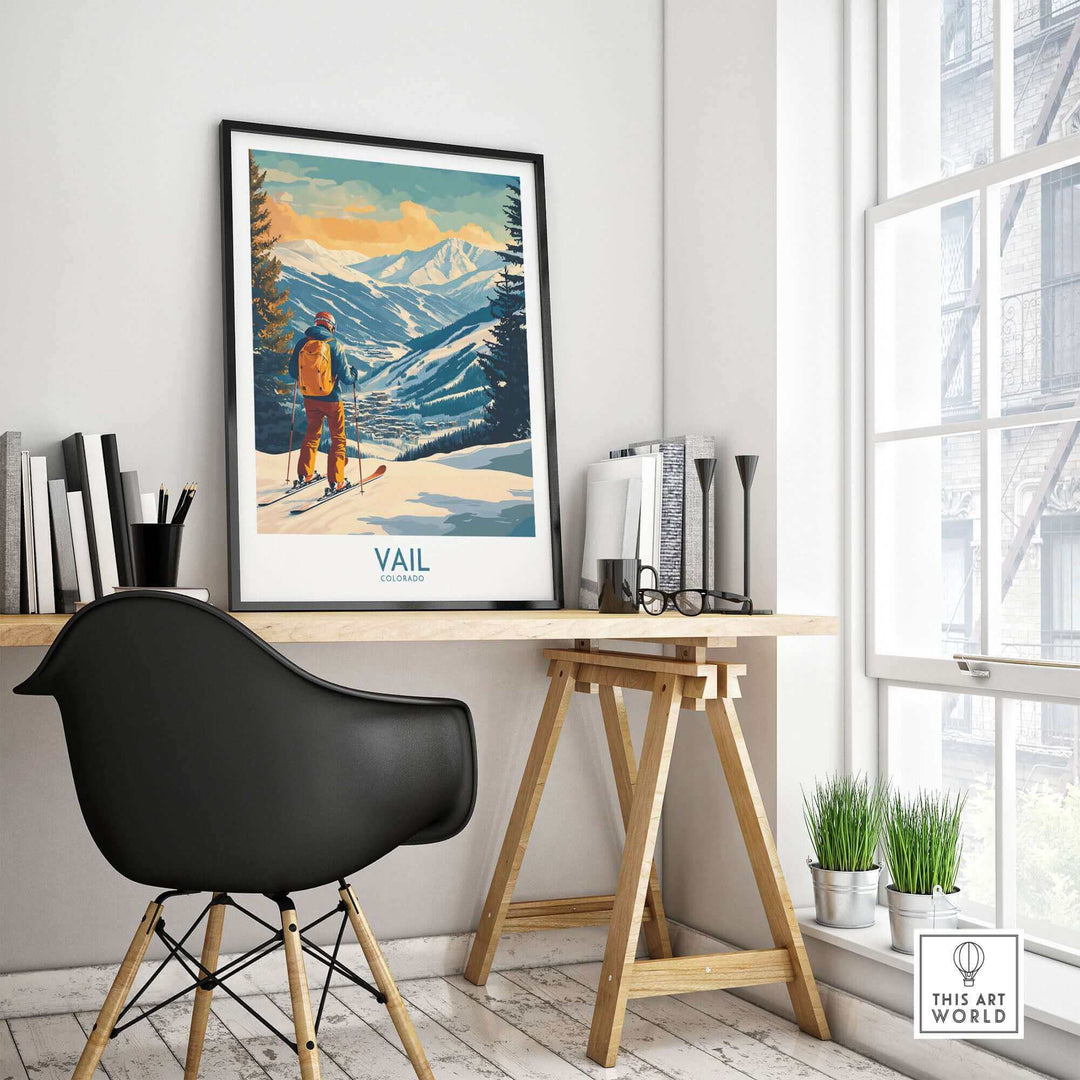 Vintage Vail wall art poster featuring a skier in the Colorado mountains, framed on a modern desk in a stylish room.