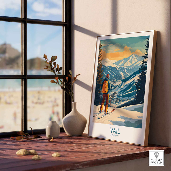 Vail Wall Art - Scenic Colorado Ski Poster with Mountain View on Rustic Shelf Decorated with Vases