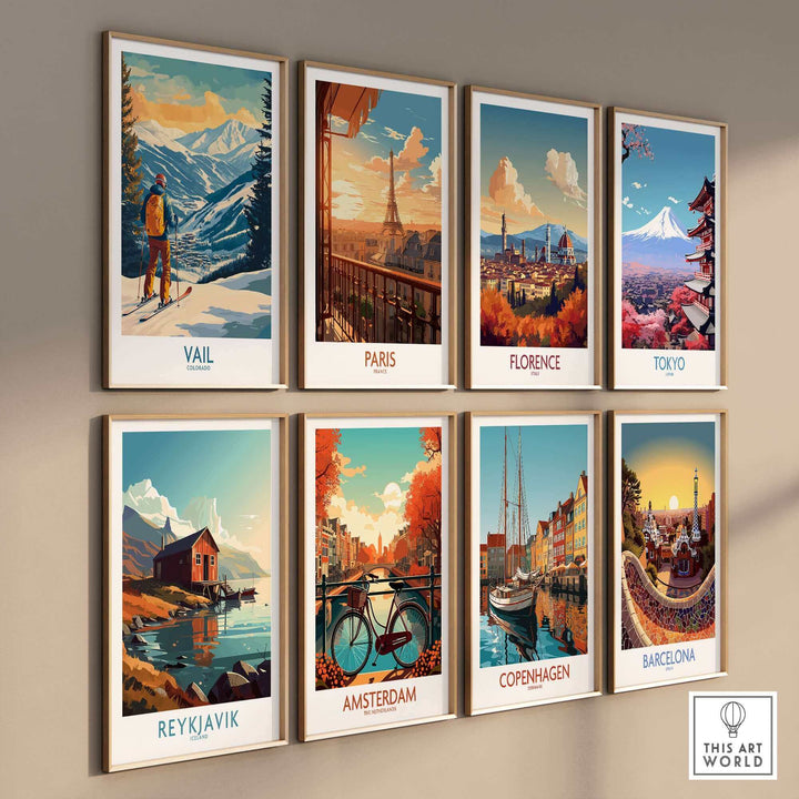 Wall featuring Vail, Paris, Florence, Tokyo, Reykjavik, Amsterdam, Copenhagen, and Barcelona travel posters in a modern art style.