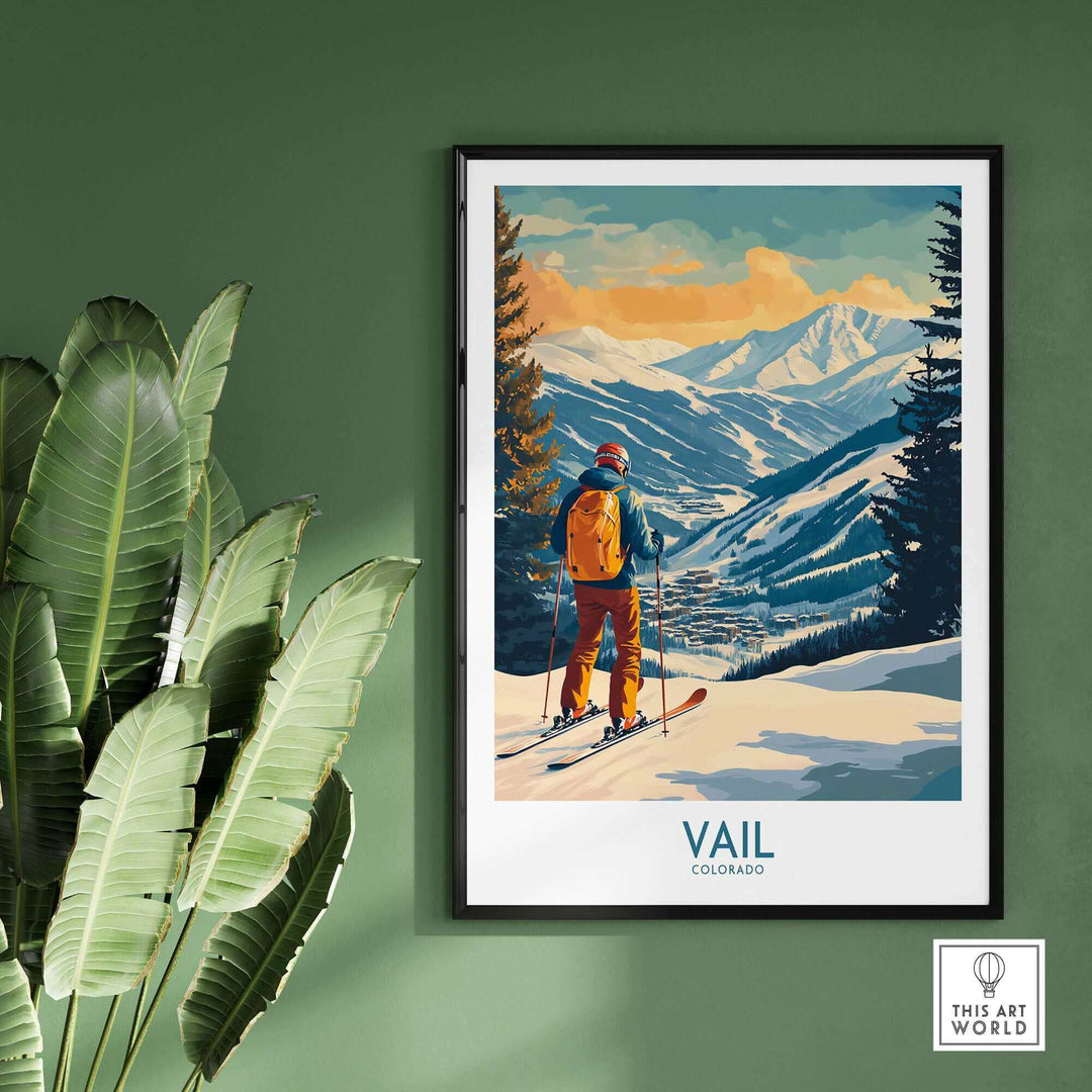 Vail Wall Art featuring a skier in Colorado mountains, perfect for ski enthusiasts and home decor.