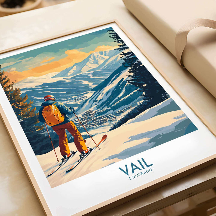 Vail Colorado ski poster featuring a skier overlooking snowy mountain landscape, decorative wall art for ski enthusiasts.