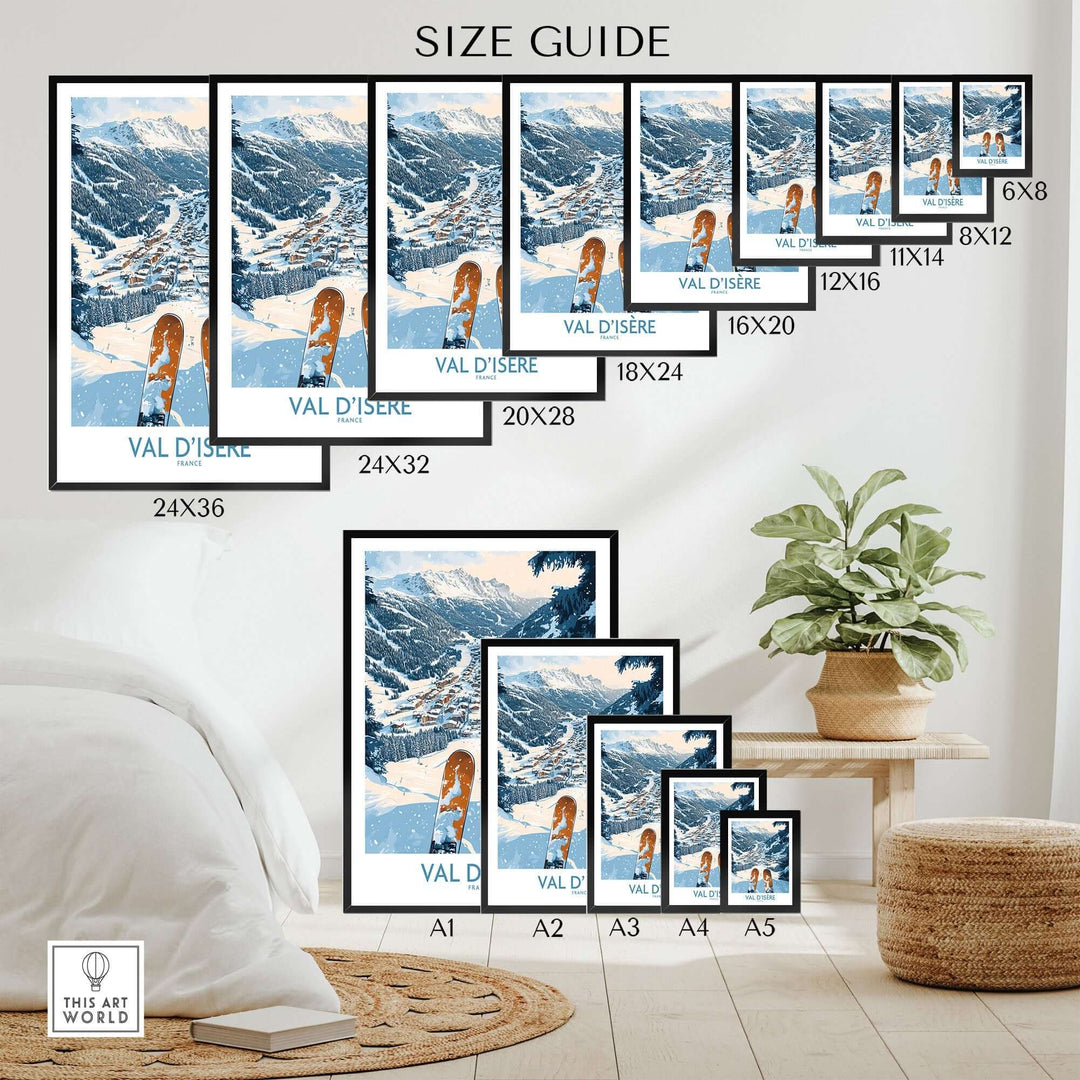 Val d'Isere poster size guide showcasing various print dimensions and a mountain landscape design in a cozy living room setting.