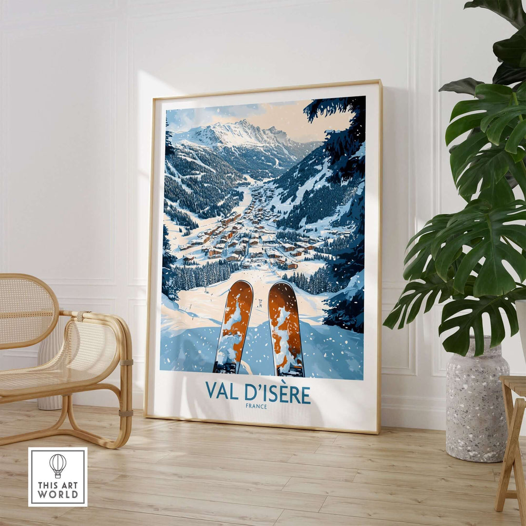 Val d'Isère ski print poster showcasing a snowy mountain landscape and ski gear, perfect for outdoor enthusiasts' decor.