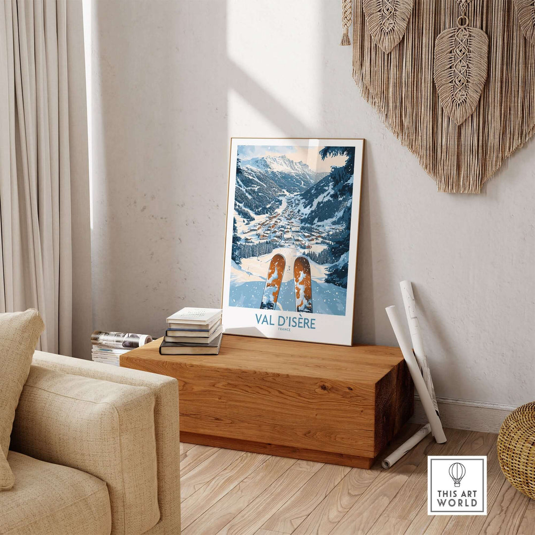 Val d'Isere poster displayed in a stylish living room, showcasing stunning alpine scenery and ski culture.