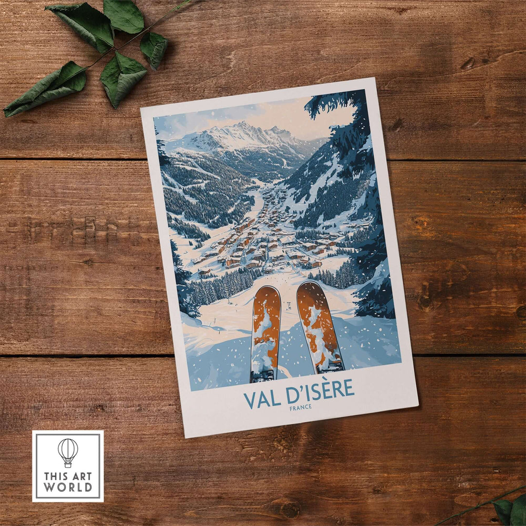 Val d'Isère poster showcasing a snowy mountain view with ski tracks, perfect for ski enthusiasts and wall art lovers.